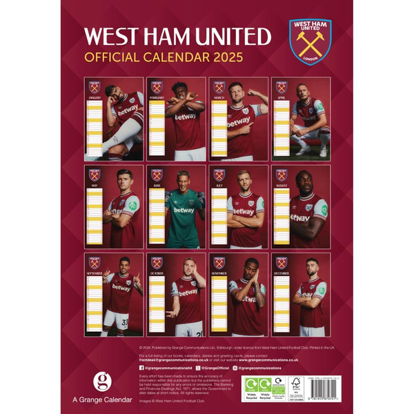 The Official West Ham A3 Calendar 2025 ~ £12.99pp