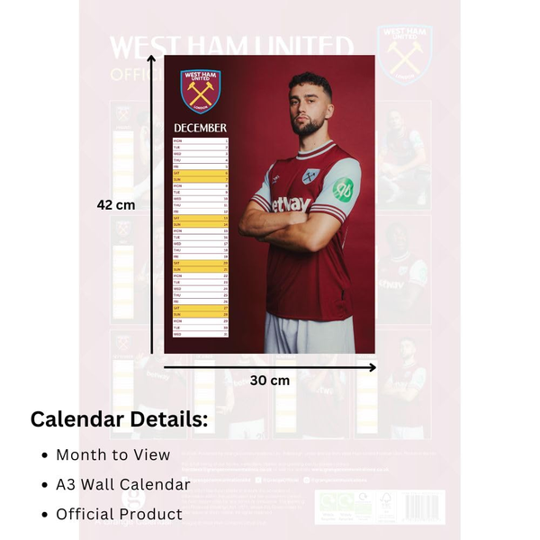 The Official West Ham A3 Calendar 2025 ~ £12.99pp